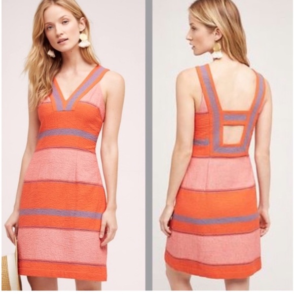 HD in PARIS for Anthropologie Sorbet Stripe Shift Dress Orange Pink ‎ size 8 8P - Picture 1 of 9
